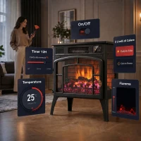 HOMCOM Camino Elettrico da Terra 1000/2000W WiFi Vista su Tre Lati, Fiamma 3D, Termostato Regolabile, Timer, 30㎡, Nero(m-6)
