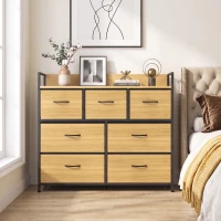 HOMCOM Cajonera de Tela Cómoda de Dormitorio con 7 Cajones Estructura de Acero para Sala de Estar Pasillo Roble(m-8)