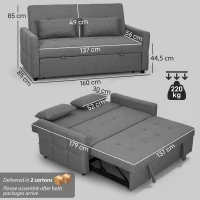 HOMCOM Divano Letto 2 Posti 3 in 1 Clic Clac in Tessuto con 2 Cuscini, Reclinabile e Imbottito, Grigio(m-3)