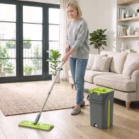 HOMCOM Mop and Bucket Set, Compact Flat Mop System with Wringer, 2 Chambers, 5 Reusable Pads, Dark Grey and Green(m-8)