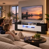 Modern hoogglans tv-meubel met geïntegreerde LED-verlichting, glazen oppervlak en opbergruimte, MDF/spanplaat, 200×30×60,7 cm, zwart(m-2)