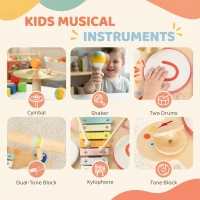 AIYAPLAY Kids Drum Kit, Wooden Musical Instruments with Xylophone, 2 Drums, Cymbal, Shaker, Wood Block, Gift for 18 M-6 Years(m-4)