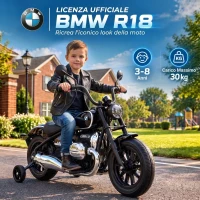AIYAPLAY Moto Elettrica per Bambini 12V BMW R18, Batteria al Litio, 3-8 Anni, Rotelle Rimovibili, Faro, Musica, Nera(m-4)