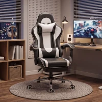 HOMCOM Sedia Gaming Ergonomica Massaggiante con Cuscino Lombare Regolabile, Finta Pelle, Poggiapiedi, Bianco(m-10)