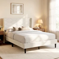 HOMCOM Cama Estofada 140x200 cm com Cabeceira Acolchoada com Abas em Veludo, Ripas de Madeira, Montagem Fácil, Bege(m-2)