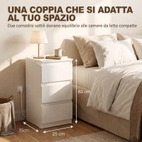 HOMCOM Set di 2 Comodini Stretti con Stazione di Ricarica e 3 Cassetti, Bianco Lucido(m-4)