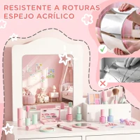 ZONEKIZ Tocador de Madera Infantil con Taburete y Espejo Centro de Belleza con 2 Cajones para 3-6 Años 60x40x95cm Blanco(m-7)