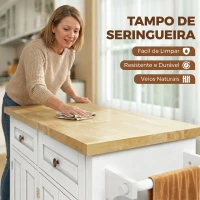 HOMCOM Ilha de Cozinha com Rodas Carrinho Auxiliar com Tampo em Madeira de Seringueira 2 Gavetas Prateleiras Ajustáveis Branco(m-4)