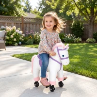 AIYAPLAY Unicorn Rocking Horse, Plush Ride On Horse with Hoof and Neighing, Rolling Wheels and Pedal for 3-8 Y, Up to 50kg, White(m-14)