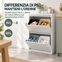 HOMCOM Pattumiera Differenziata a Ribalta 4x15L in Acciaio, 4 Secchi Rimovibili, Chiusura Ammortizzata, Bianco(m-4)