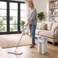 HOMCOM Mop and Bucket Set, Compact Flat Mop System with Wringer, 2-Chamber Design, 5 Reusable Pads, 127cm Handle, White(m-8)