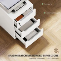 HOMCOM Schedario da Ufficio con 3 Cassetti, 4 Ruote, Cassettiera Ufficio con Serratura e 2 Chiavi, Bianco(m-4)