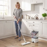 HOMCOM Mop and Bucket Set, Compact Flat Mop and Bucket with Wringer, 2-Port Design, 5 Reusable Microfiber Pads, White(m-2)