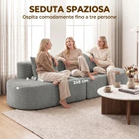 HOMCOM Divano 3 Posti Modulare con Seduta Profonda in Velluto a Coste, 245x86x82 cm, Grigio Chiaro(m-4)