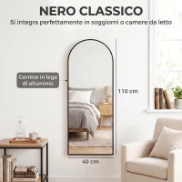 HOMCOM Specchio da Parete e Porta con Cornice in Alluminio ad Arco e Ganci, 110x40 cm, Nero(m-7)