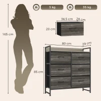 HOMCOM Commode, Meuble de Rangement pour Chambre, 6 Tiroirs en Tissu en Lin, Cadre en Acier, 80 x 29 x 85 cm, Gris(m-3)