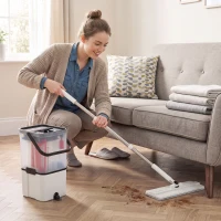 HOMCOM Mop and Bucket Set, Compact Flat Mop and Bucket with Wringer, 2-Port Design, 5 Reusable Microfiber Pads, White(m-14)