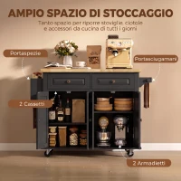 HOMCOM Isola da Cucina con Ruote, Carrello Salvaspazio con Piano in Legno di Caucciù, 111 x 44.5 x 82.5 cm, Nero(m-6)