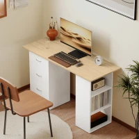 HOMCOM Computer Desk with Drawers, Home Office Desk, Writing Table, PC Workstation with 3 Storage Shelves for Working, Study, 120 x 49 x 72 cm, Natural Wood Finish and White(m-9)