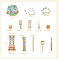 AIYAPLAY Kids Drum Kit, 14 Pieces Wooden Kids Musical Instruments Set with Tone Block, Maracas, Triangle, Xylophone for Toddlers(m-3)