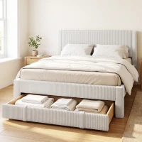 HOMCOM Cama Estofada 140x200 cm com Cabeceira Acolchoada, Gaveta de Arrumação e Ripas de Madeira, Bege(m-12)