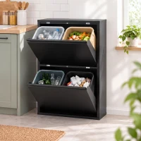 HOMCOM Szafka na śmieci 60 l z uchylnymi klapkami, 4-komorowy kosz do recyklingu, wąski, Soft-Close, wyjmowane wkłady, czarny(m-2)