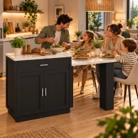 Keukeneiland met uitschuifbare eettafel voor 2–6 personen, geïntegreerde stekkerdoos en 2 USB-poorten, 2 lades, 211×55×89,5 cm, zwart(m-5)