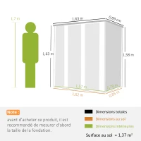 Outsunny Abri de Jardin en Métal 1,37m², Toit Incliné, 2 Portes Verrouillables, Gants, Anti-UV, 163x89x163cm, Gris Foncé(m-3)