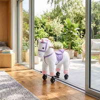 AIYAPLAY Unicorn Rocking Horse, Plush Ride On Horse with Hoof and Neighing, Rolling Wheels and Pedal for 3-8 Y, Up to 50kg, White(m-8)