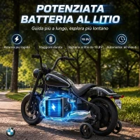 AIYAPLAY Moto Elettrica per Bambini 12V BMW R18, Batteria al Litio, 3-8 Anni, Rotelle Rimovibili, Faro, Musica, Nera(m-5)