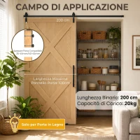 HOMCOM Kit per Porta Scorrevole in Acciaio al Carbonio con Binario 200 cm e Portata 20 kg, Nero(m-4)