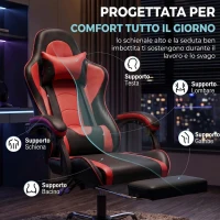 HOMCOM Sedia Gaming Ergonomica Massaggiante con Cuscino Lombare Regolabile, Finta Pelle, Poggiapiedi, Rosso(m-5)