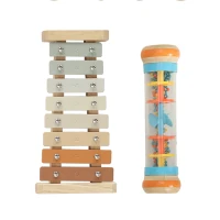 AIYAPLAY Kids Drum Kit, 14 Pieces Wooden Kids Musical Instruments Set with Tone Block, Maracas, Triangle, Xylophone for Toddlers(m-10)
