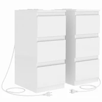 HOMCOM Set di 2 Comodini Stretti con Stazione di Ricarica e 3 Cassetti, Bianco Lucido(m-1)