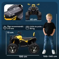 HOMCOM Quad Buggy électrique Enfant 12 V 8 Km/h Max. Voiture électrique Enfant avec Effets Lumineux sonores Selle avec Dossier Porte-Bagage Avant métal PP Jaune Noir(m-3)