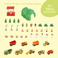 AIYAPLAY 91-delige houten treinset met kraan, treinen, bouwvoertuigen, rails en brug voor kinderen vanaf 3 jaar(m-4)