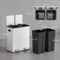 HOMCOM Pattumiera a Pedale 2 x 30L in Acciaio Inox con Secchi Estraibili e Chiusura Ammortizzata, Argento(m-3)