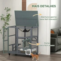 PawHut Gaiola Interior para Gatos em Madeira com Rodas, Portas, Plataformas de Salto, Rede e Topo Basculante, 110x100x60 cm, Cinzento(m-7)