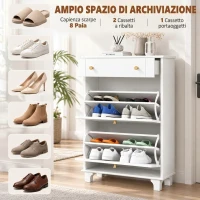 HOMCOM Scarpiera Salvaspazio Slim con 2 Ante a Ribalta, Scarpiera Ingresso con Ripiani Regolabili, Cassetto, Base Rialzata, Bianco(m-4)