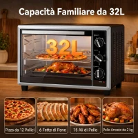HOMCOM Fornetto Elettrico Ventilato 32L 1500W con Controllo Temperatura, Girarrosto e Timer, Nero(m-5)