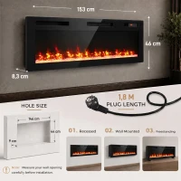 HOMCOM Camino Elettrico da Incasso, Parete e Terra Slim 153 cm con Telecomando, 900/1800W, Timer, 35㎡,Nero(m-3)