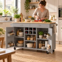 Moderne keukeneiland, multifunctionele keukenwagen met verstelbare vakken en uitneembaar wijnrek, 360° zwenkwielen met rem, 102×45×92 cm, grijs(m-2)