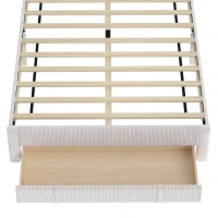 HOMCOM Cama Estofada 140x200 cm com Cabeceira Acolchoada, Gaveta de Arrumação e Ripas de Madeira, Bege(m-16)