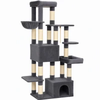 PawHut Tiragraffi per Gatti Alto 180 cm Multilivello, 13 Pali, 2 Casette, Amaca, Lettini, Grigio Scuro(m-1)