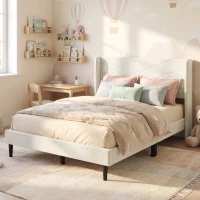 HOMCOM Cama Estofada 140x200 cm com Cabeceira Acolchoada com Abas em Veludo, Ripas de Madeira, Montagem Fácil, Bege(m-25)