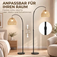 HOMCOM Bogen-Stehlampe mit doppeltem Papierseil-Schirm, Fußschalter, höhenverstellbar, Marmorfuß, Schwarz(m-6)