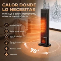 HOMCOM Calefactor Eléctrico Cerámico PTC 2000W con 4 Modos Llama Dinámica Mando Oscilación 70° Protección Sobrecalentamiento(m-5)