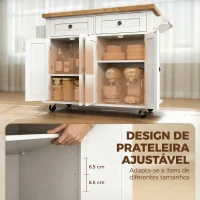 HOMCOM Ilha de Cozinha com Rodas Carrinho Auxiliar com Tampo em Madeira de Seringueira 2 Gavetas Prateleiras Ajustáveis Branco(m-5)