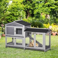 PawHut Conigliera a 2 Livelli con Rete Protettiva e Rotelle in Legno e Metallo, 157.4x53x99.5 cm, Grigio(m-2)