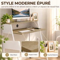 HOMCOM Bureau d'Ordinateur, 90 x 50 cm, Bureau avec Rangement, Étagère Ouverte et Cadre en Acier, Chêne et Blanc(m-6)